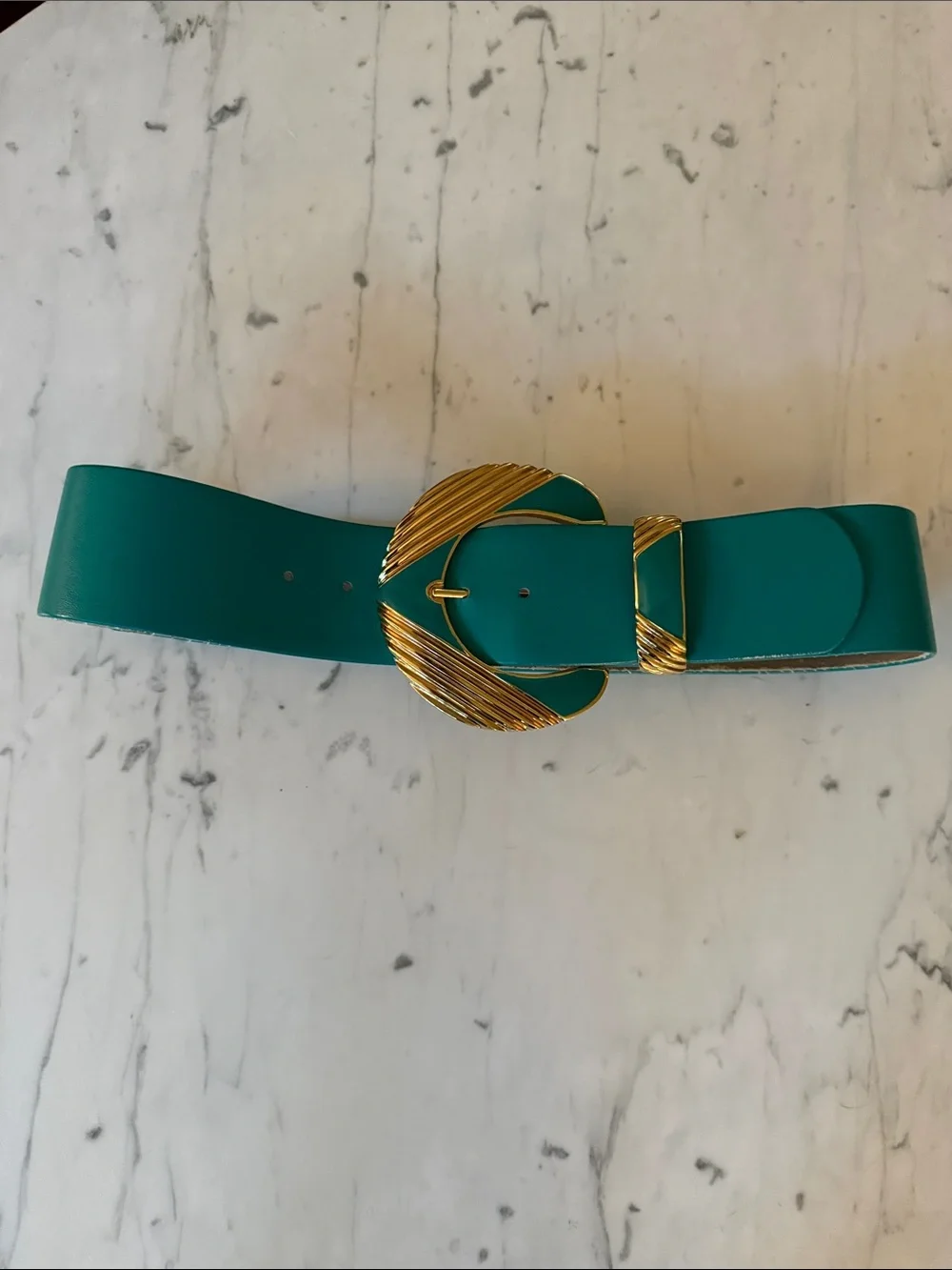 St. John blue green 2” wide Leather Belt Enamel VINTAGE Gold 9576 sz 2 80s power - Picture 2 of 8